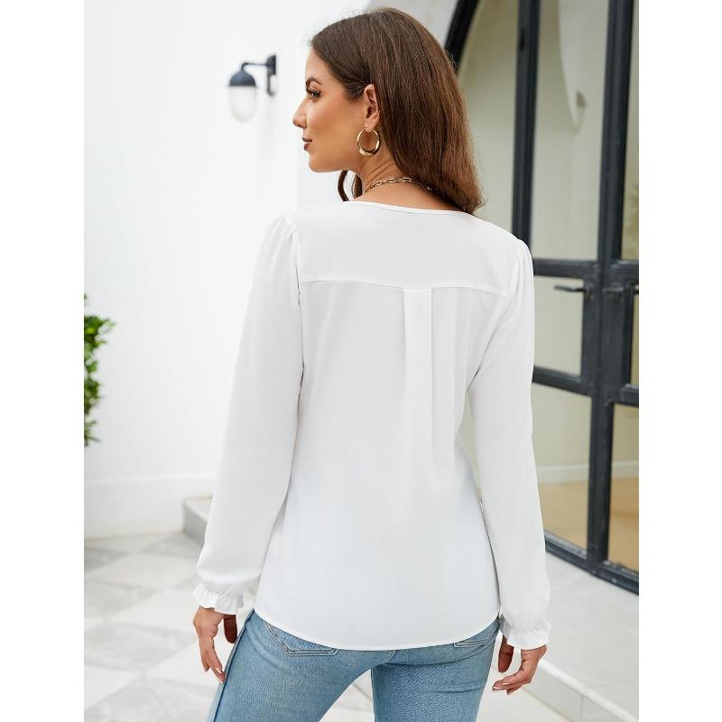 Damen Freizeit Einfarbige V-Ausschnitt Langarm Puffärmel Chiffon Bluse Top