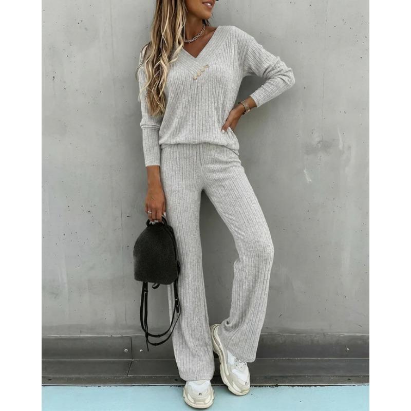 Women Casual Loose Long Sleeve V Neck Knit Two Piece Top Wide Leg Pants Set Autumn Winter