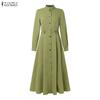 ZANZEA Women Elegant Casual Stand Collar Long Sleeve Plain Dress