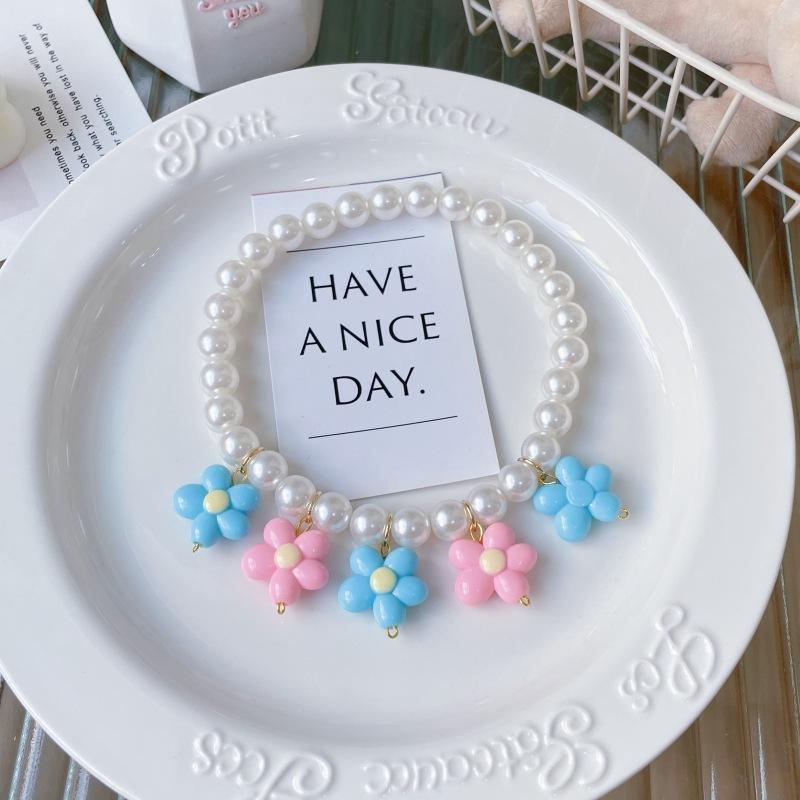 New Korean‑Style Handmade Pet Flower Pearl Necklace Summer Rainbow Color Neck Collar for Cats Dogs