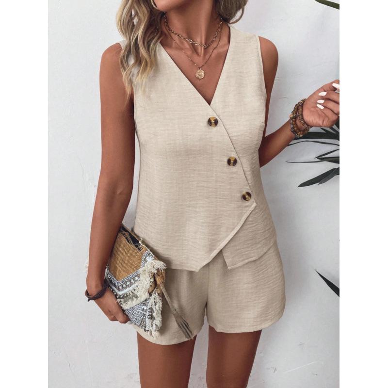 

Женский комплект без рукавов с V-образным вырезом: жилет и шорты в бежевом, зеленом, оранжевом, темно-синем цвете - Повседневный летний наряд M абрикосовый