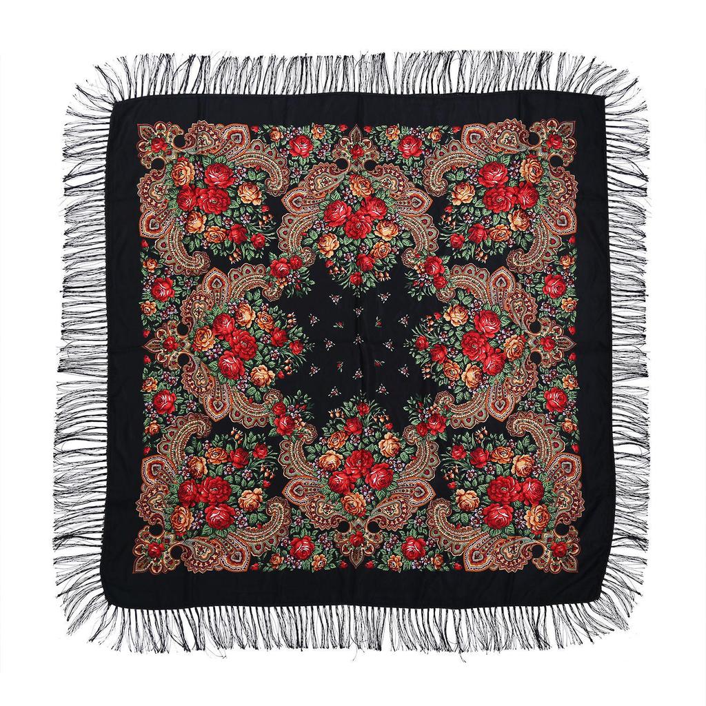 Ethnic Print Tassel Shawl: Large Square Scarf for Women - Autumn/Winter Style