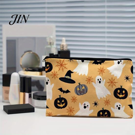 Festive Canvas Makeup Organizer Storage Bag, with Halloween Pumpkin Ghost Print, Smooth Portable Miscellaneous Item Bag Zipper for Travel Cosmetic