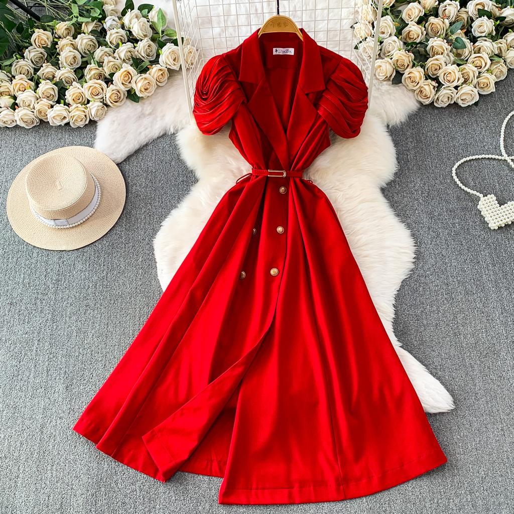 British style celebrity high-end temperament suit collar stack sleeve dress women's spring and autumn metal buckle waist medium and long dress