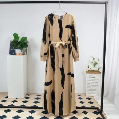 Prayer Ramadan Maxi Dress Women Casual Dresses With Belt Fashion Full Sleeve A-line Loose O-neck Printed Long Dresses Muslim