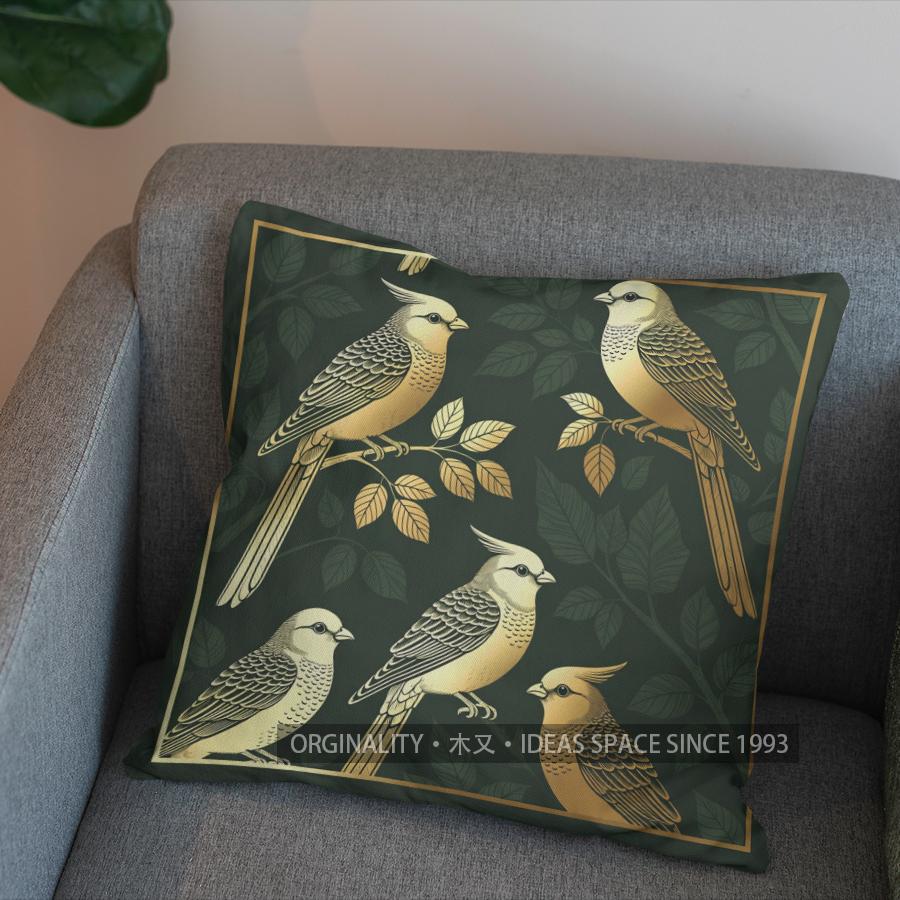 2D Golden Birds And Leaves Pattern Pillow Cover Pattern Cushion Cover Suitable For Sofa Bedroom Car Pillow Cover