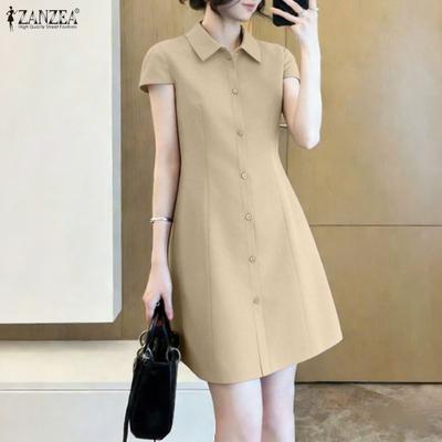 Women Casual Turn Down Collar Short Sleeve Dress