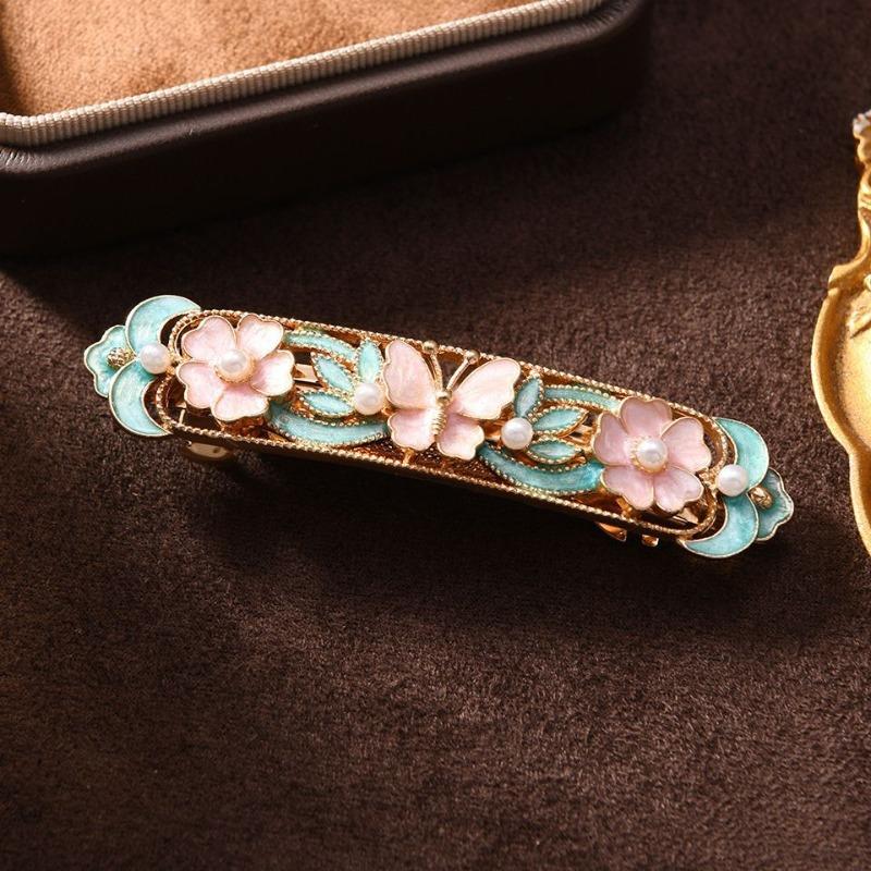 1Pc Small Chinese Style Glazed Butterfly Flower Hollow Hairpin Edge Clip Antique Butterfly Love Flower Spring Clip Female