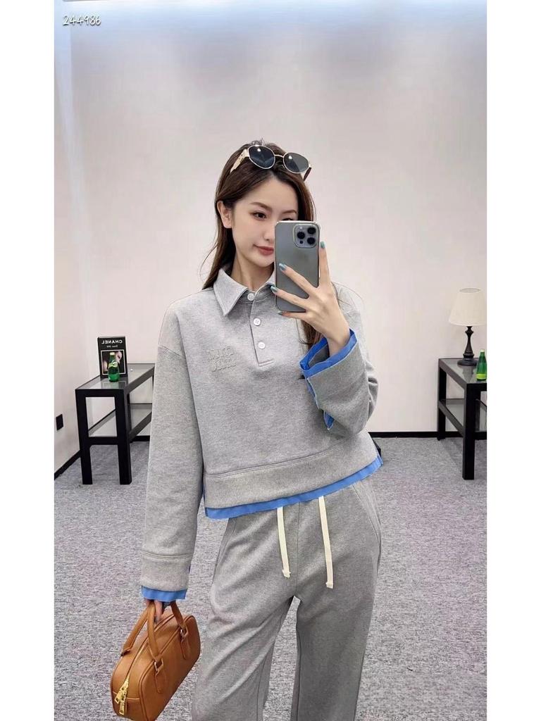 Early Spring Miu Style Two-Piece Color Block Sweatshirt - Classic Lapel Short Top for Girls