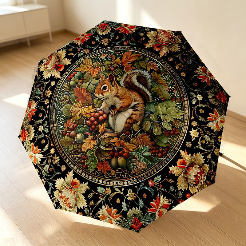Autumn Squirrel 8 Ribs 3Fold Black Glue Uv Protection Umbrella Sun Protection Rainproof Compact Folding Umbrella For Travel Daily Use C9241279