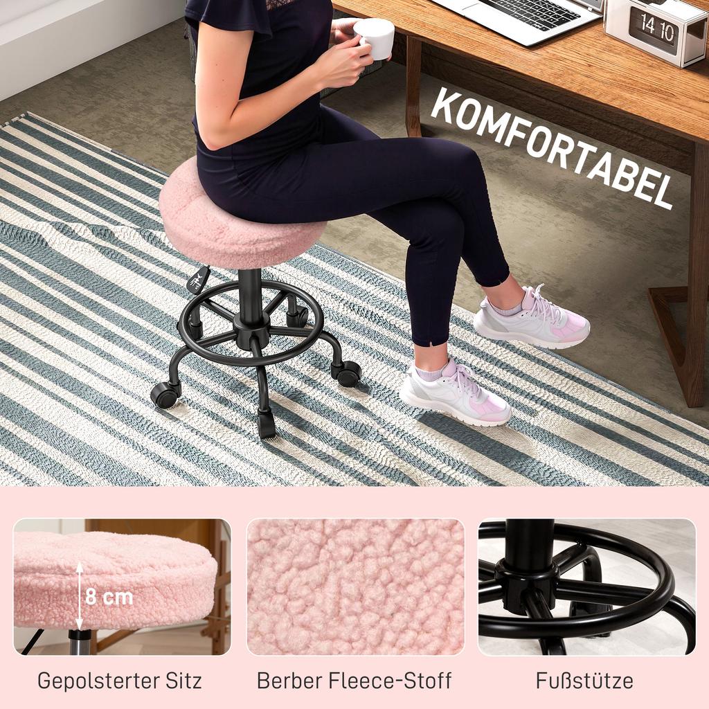 Rolling Stool Height-Adjustable Swivel Stool 55-66 Cm, Work Stool 360 Degrees Rotating, Diameter 50 X 50-66 Cm, Pink