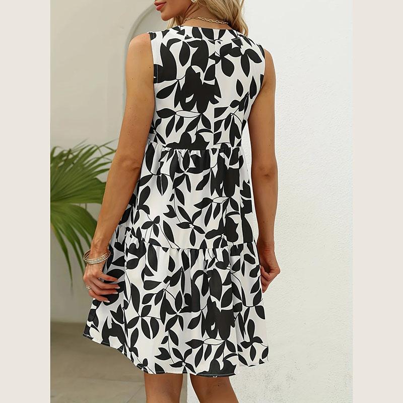 Women bohemian Summer Sleeveless leaves printed Holiday One Piece Dress