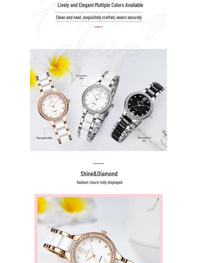 Chenno Keramik Damen Quarzuhr mit Diamanten - Modisch, Wasserdicht