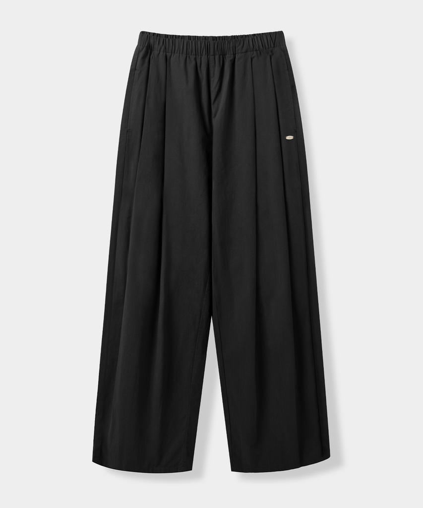 Yujen Double-Pleat Wide Cotton Elastic Waist Pants_Black