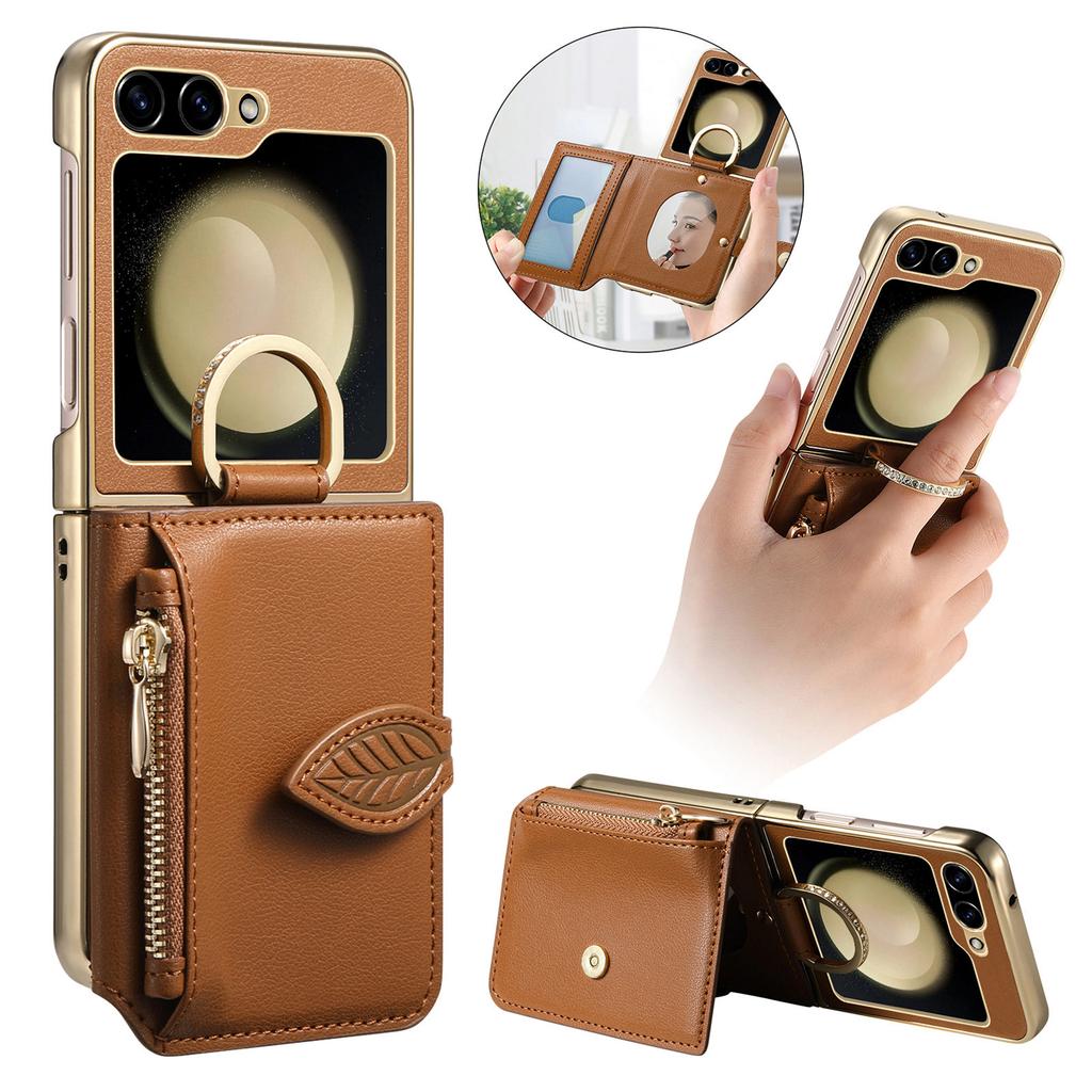 Protective Dual Layer Bumper Phone Wallet Case for Samsung Galaxy Z Flip 6 Cases with Card Holder Built-In Mirror Zipper Purse