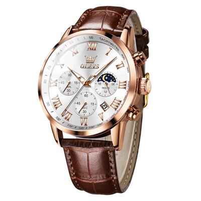 OLEVS Watch Waterproof Analog Wristwatch with Brown Leather Strap Popular Business Watch Roman Date Luminous Quartz Large White Dial Leather Band
