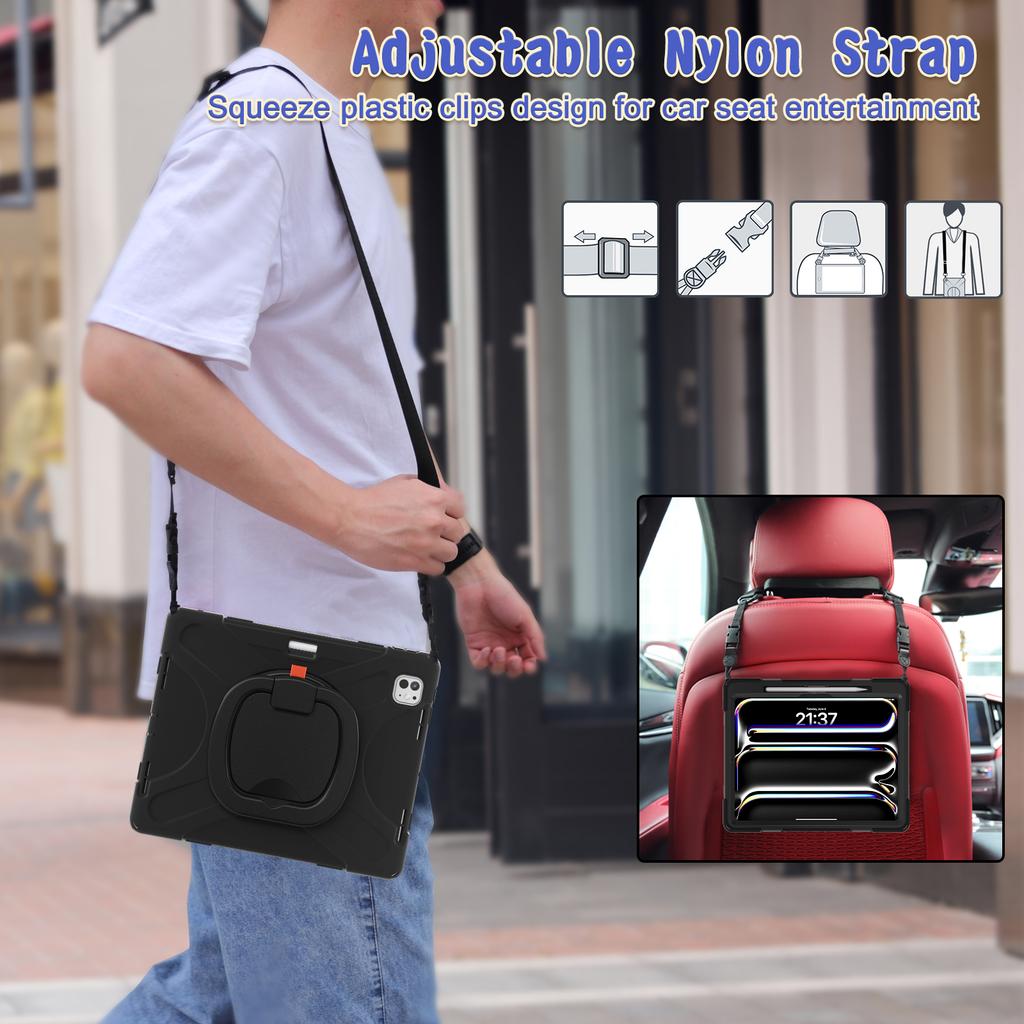 For iPad Pro 13 (2024) Case with Shoulder Strap TPU+PC+Silicone Kickstand Tablet Cover