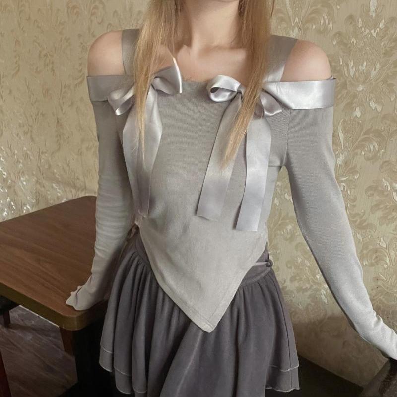 

Kawaii милые элегантные футболки женские корейские модные сексуальные повязки с бантом нерегулярные тонкие футболки на одно плечо топы весна 2024 S серый