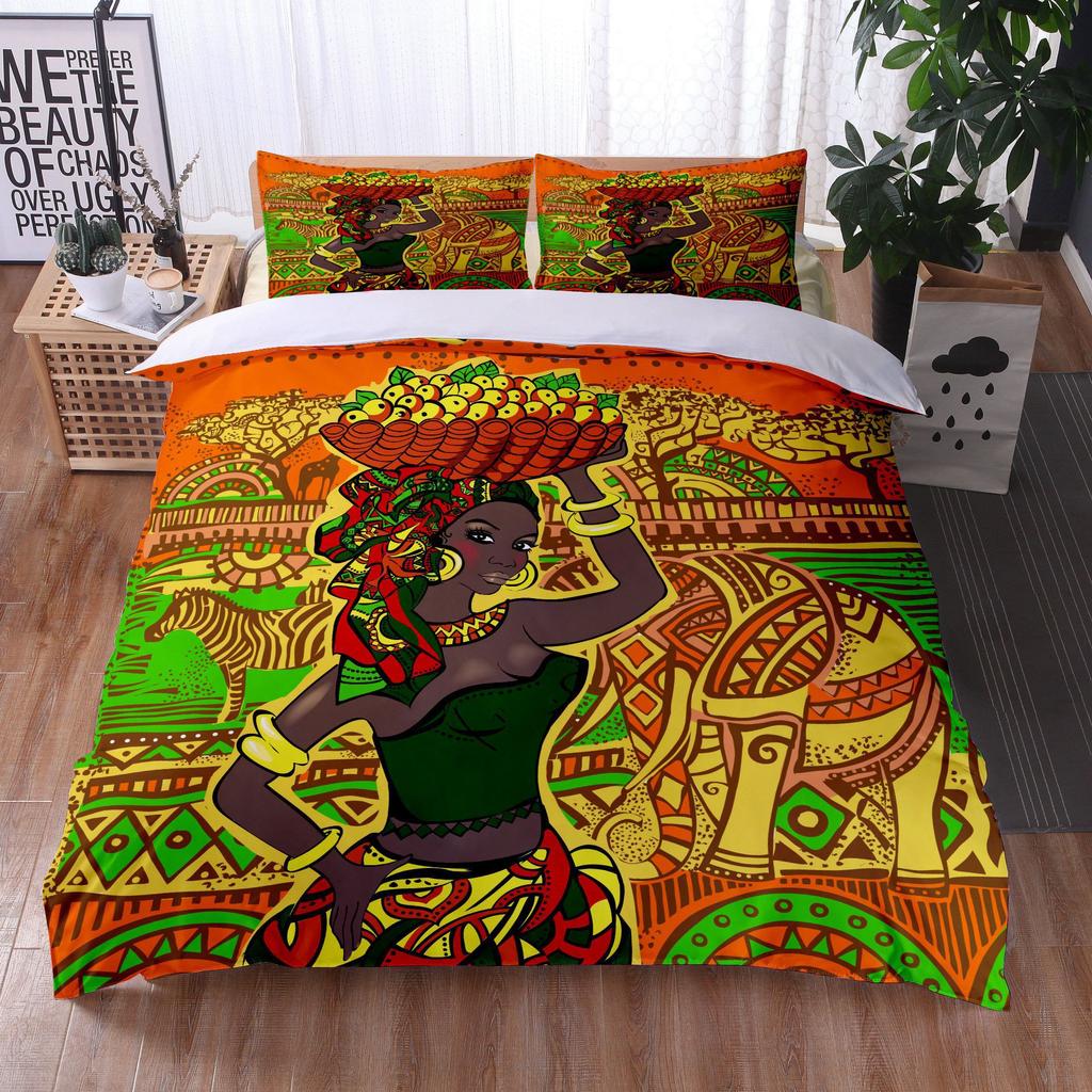 African Woman Bedding Set Ethnic Afro Duvet Cover Microfiber African American Comforter Set 3 Pieces Orange Ancient Desert Full