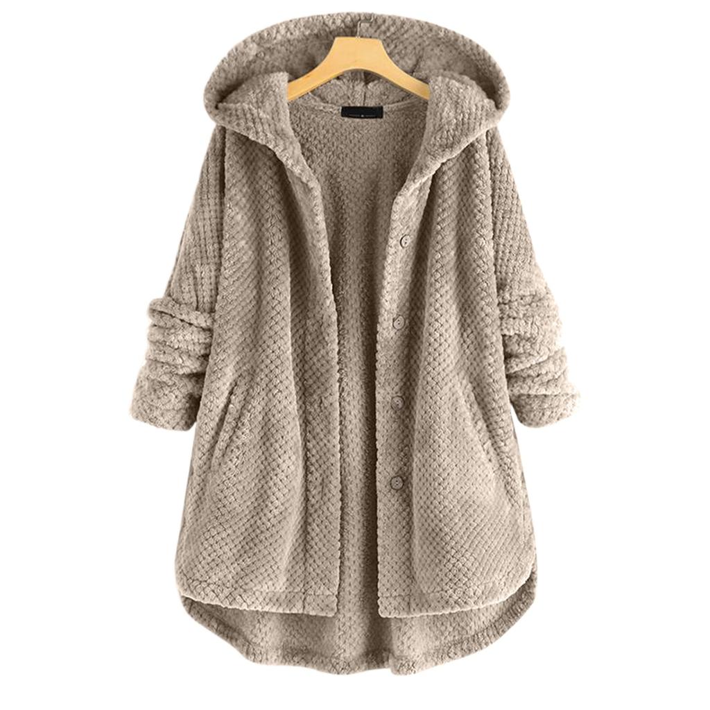 Women's Button Plush Hooded Double-faced Fleece Sweatshirt Fashionable Mid-length Coat