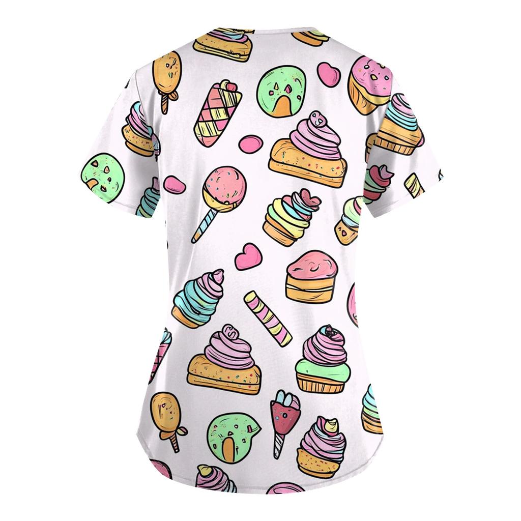 Women's Fruit And Floral Print Loose V-Neck Pocket Short Sleeve Uniform Uniform
