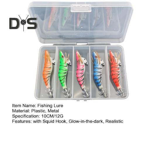 5Pcs 10CM/12G Luminous Shrimp Bait with Squid Jig Hook Realistic Bionic Artificial Lure Saltwater Freshwater Bass Walleye Trout Fishing Accessories