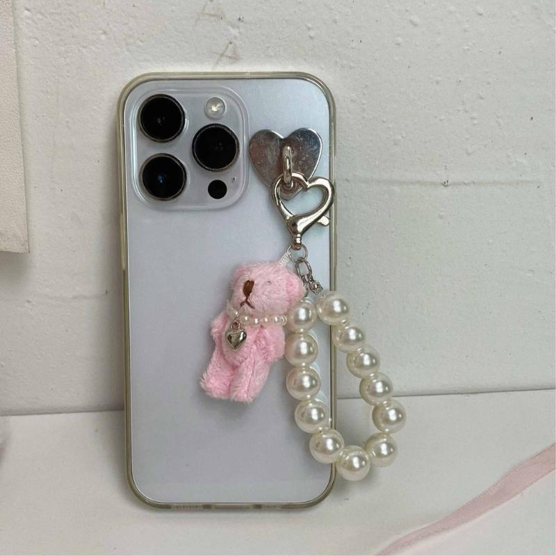 Modern Plush Bear Phone Charm Keychain with Imitation Pearls Bag Pendant Keyring Comfortable to Carry for Daily Use