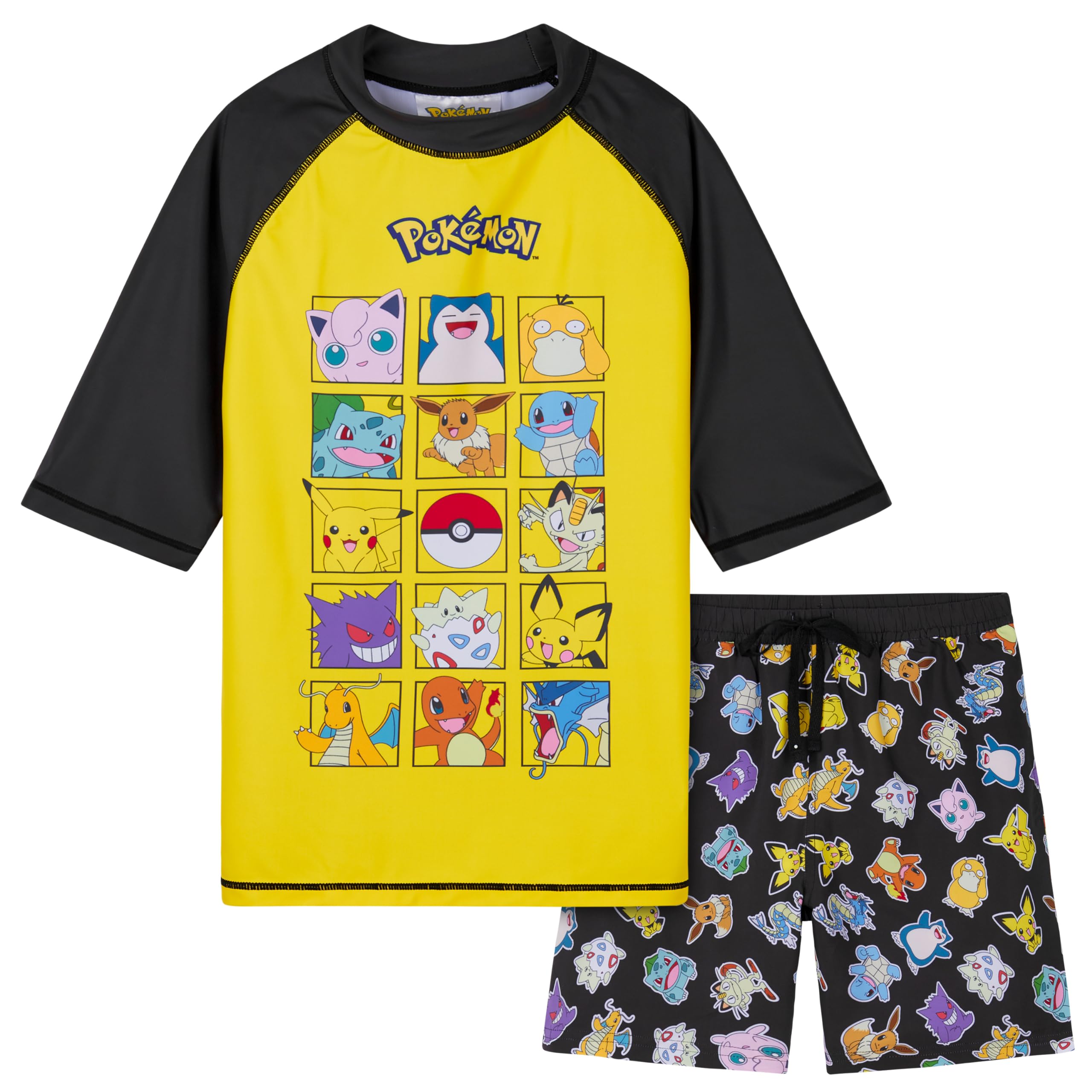 Nintendo Pokémon Boys 2-Piece Swimsuit Set Swimming Top and Trunks Ages 13-14 Yellow and Black