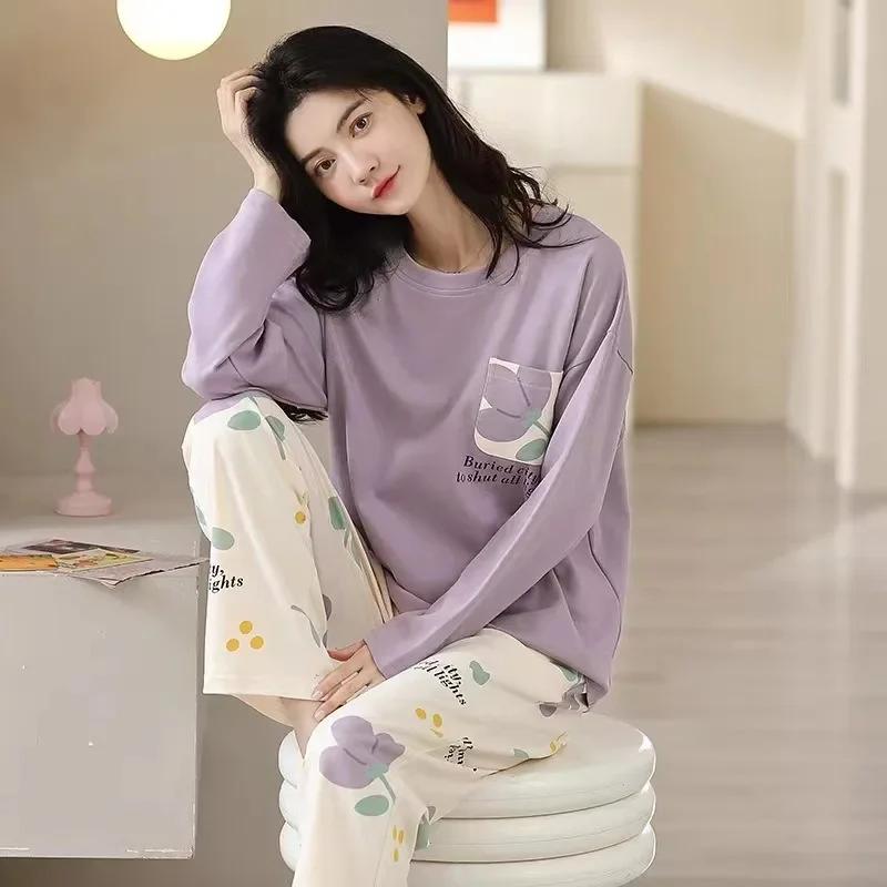Set for Women's  Student Long Sleeve Spring Loungewear Ladies Simple Loose Suit Homewear Casual Sleepwear