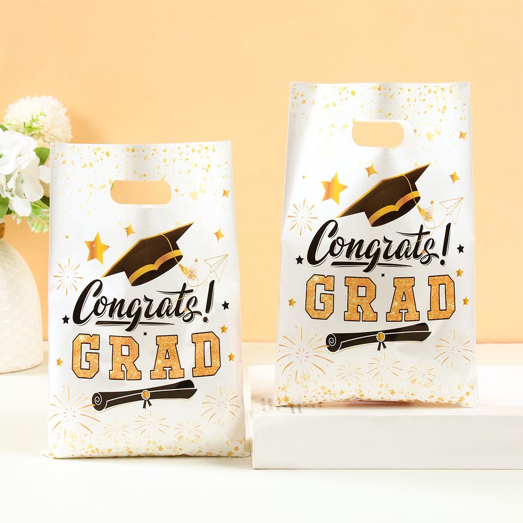 Graduation Decorations Gift Bags Black Gold Class of 2025 Grad Supplies Candy Biscuit Baking Gift Wrapping Favor Bag