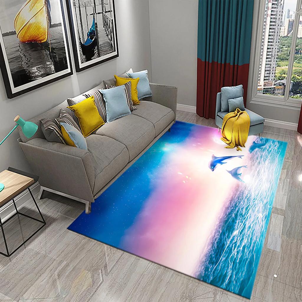 3D Fantasy Dolphin Carpet for Living Room Bedroom Kids Rug Dolphin Series Carpet Hallway Floor Mat Bathroom Kitchen Non-slip Rug