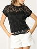 Allegra K Lace Short Floral Round Size L Women's Top, See-Through Blouse, Sleeve, Print, Neck, Thin, Black,