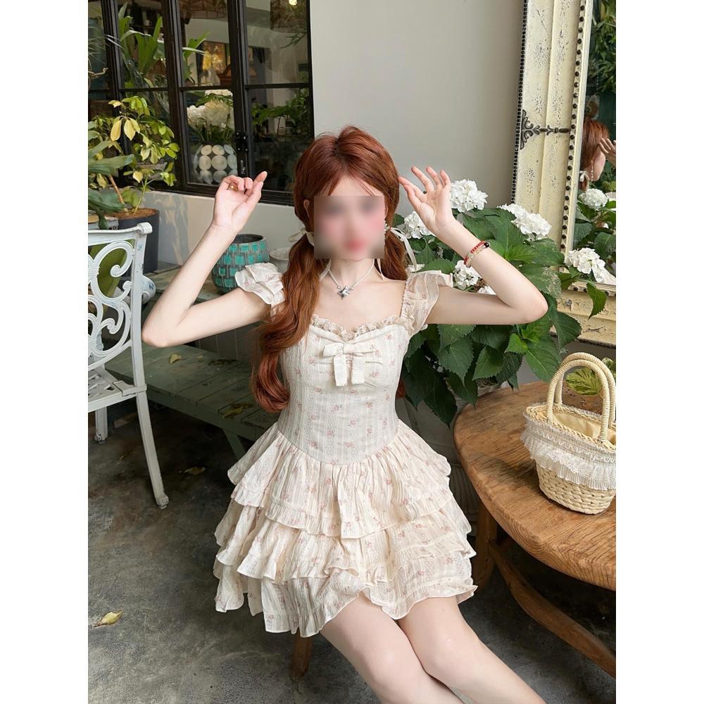 Sweet Floral Suspender Dress Women's Summer Little Flying Sleeves Princess Cake Dress Waist Fluffy Short Skirt