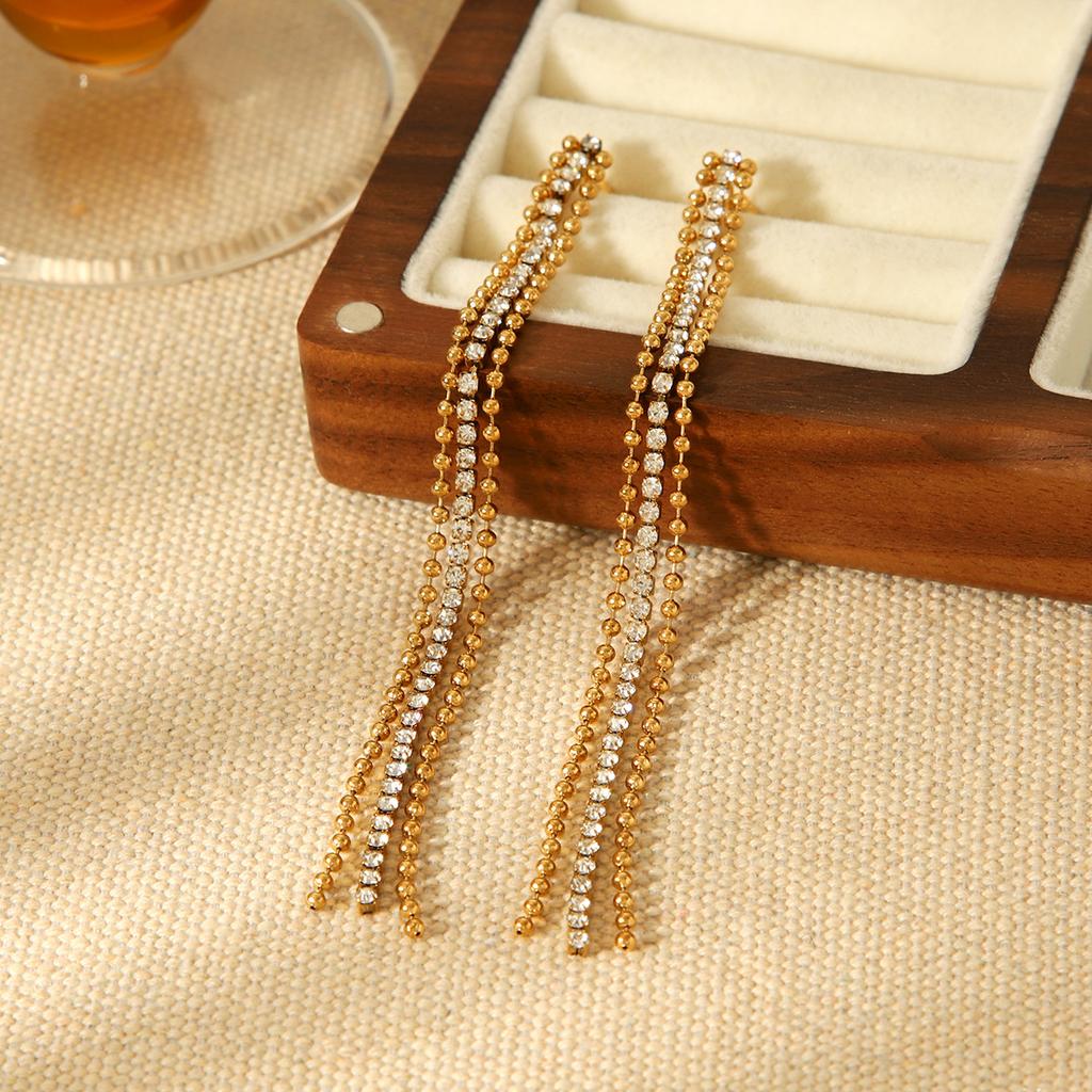 Round bead zircon chain tassel earrings, long style ear jewelry, light luxury high-end titanium steel accessories