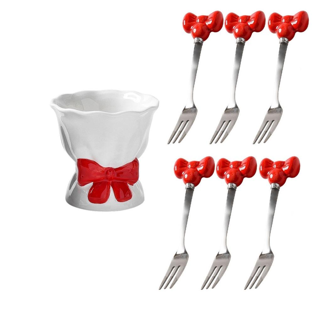 Bowknot Ceramic Fruit Forks Set Creative Solid Color Ceramic Fruit Forks Receipt Jar Ins Style Household