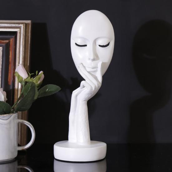jijijing Abstract Contemplative Face Resin Sculpture, Minimalist Hand-on-Chin Bust Statue for Desk Living Room Office, Creative Art Decor Entryway