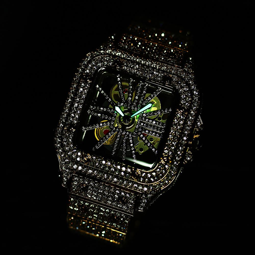 MISSFOX-Fashionable Square Men's Watch Small Niche Design Hollowed Out Hip-hop Full Diamond English Watch