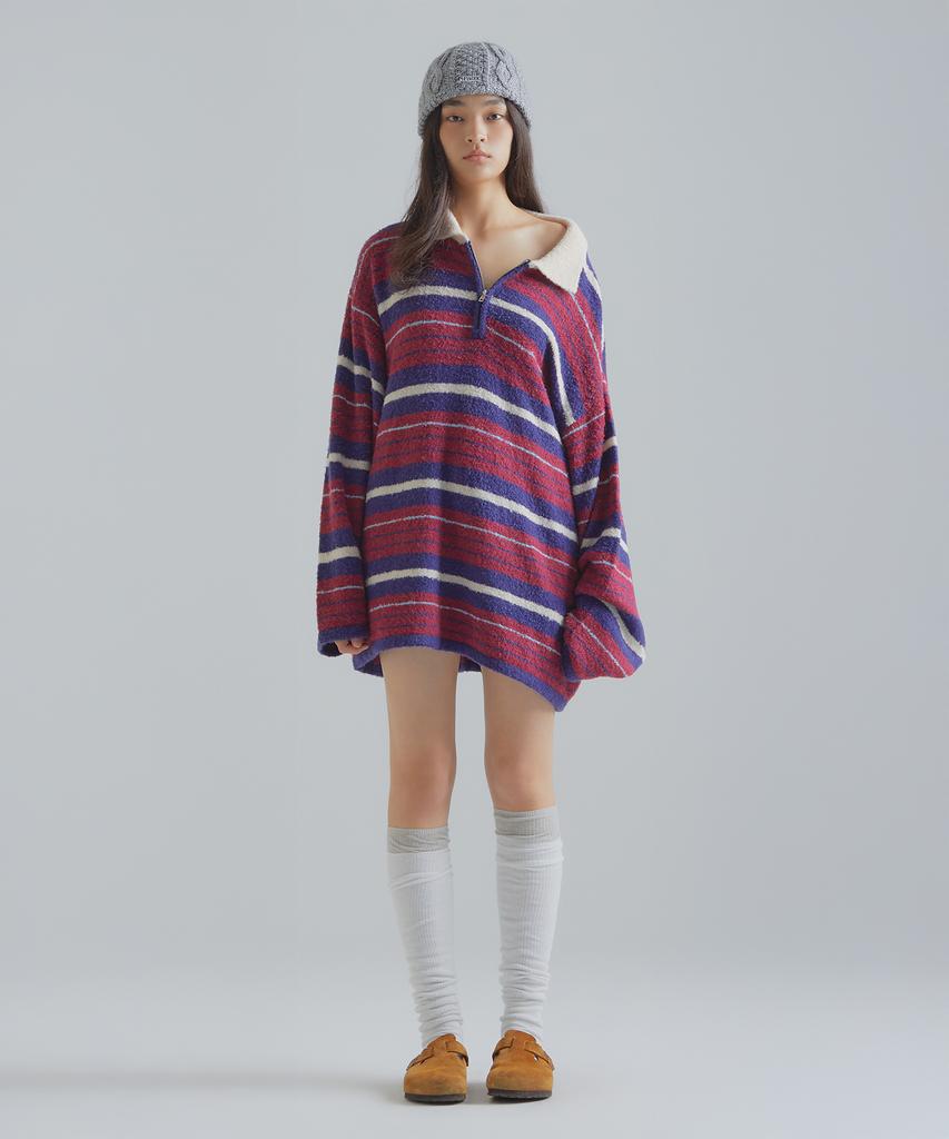 Peulaentigseobiseu Striped Half Zip Knit - Burgundy