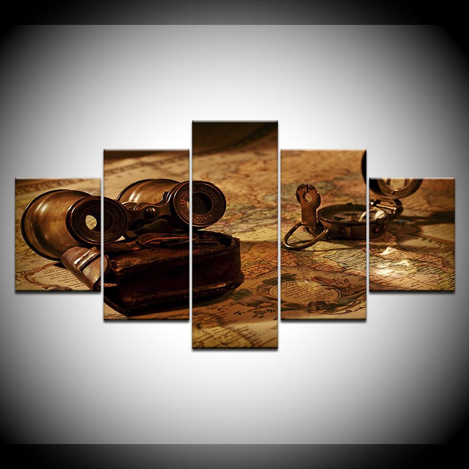 Antikes Teleskop und Karte 5-teilige HD-Hintergrundbilder Leinwandbild modern Poster Modulare Kunstmalerei für Wohnzimmer Heimdekoration