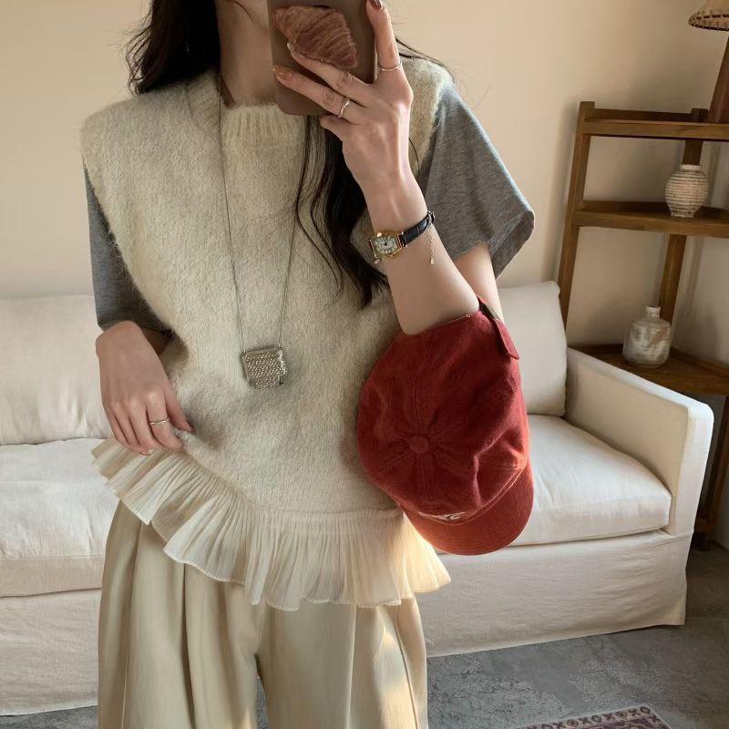 Korean Petite Lace Patchwork Knitted Sweater Vest