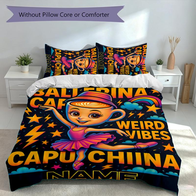 3pcs Custom Name Ballerina Capuchina Set,Includes 1 Duvet Cover and 2 Pillowcases,All-season Bedroom Decor