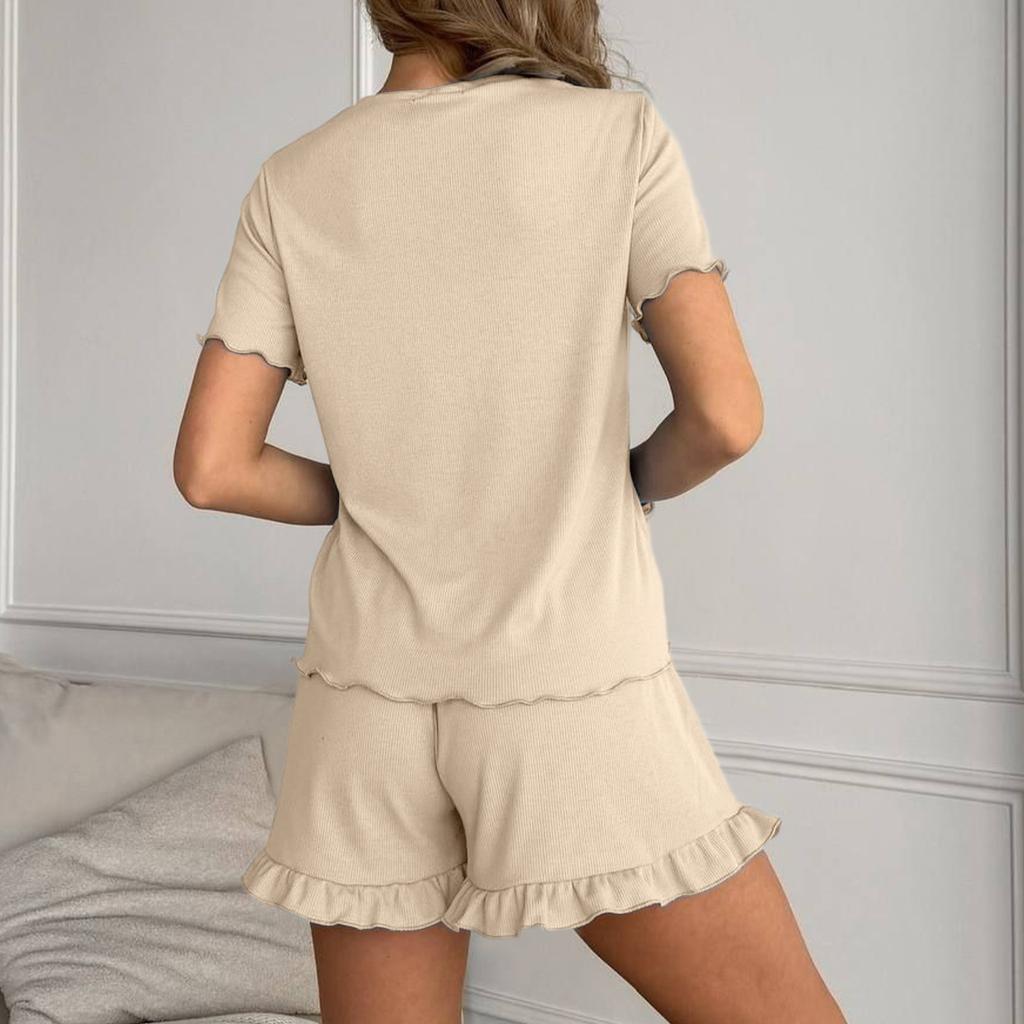 Solid Color Crew Neck T-Shirt Elastic Waistband Shorts Set with Ruffled Edges Soft Lightweight Lounge Wear for Women