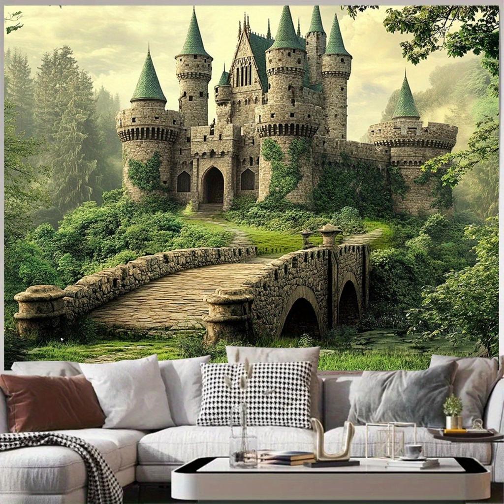 Un banner plano 2D con un enorme fondo de castillo que presenta un patrón de castillo medieval de ladrillo de piedra hecho de tela de poliéster.