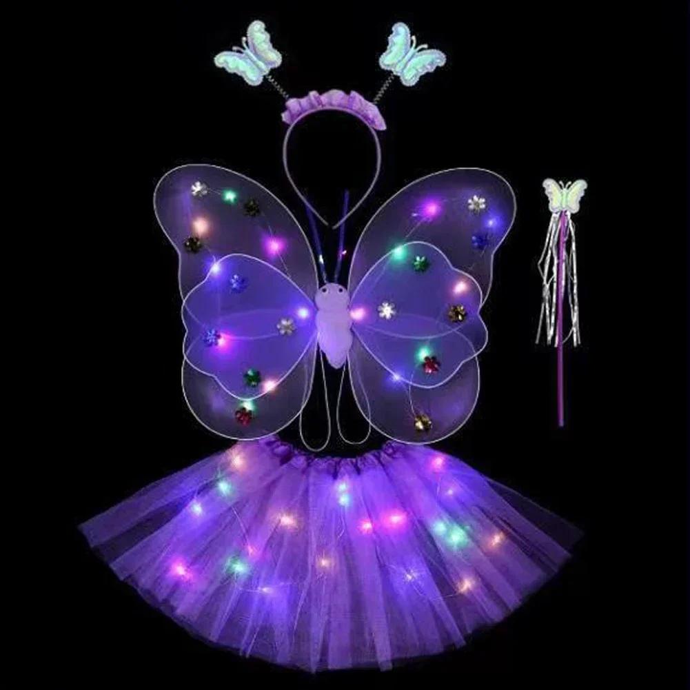 LED Children Costume Props Girls Skirts Angel Luminous Wings Flashing Butterfly Skirt Lights Suit 2-8year Easter Valentines Day