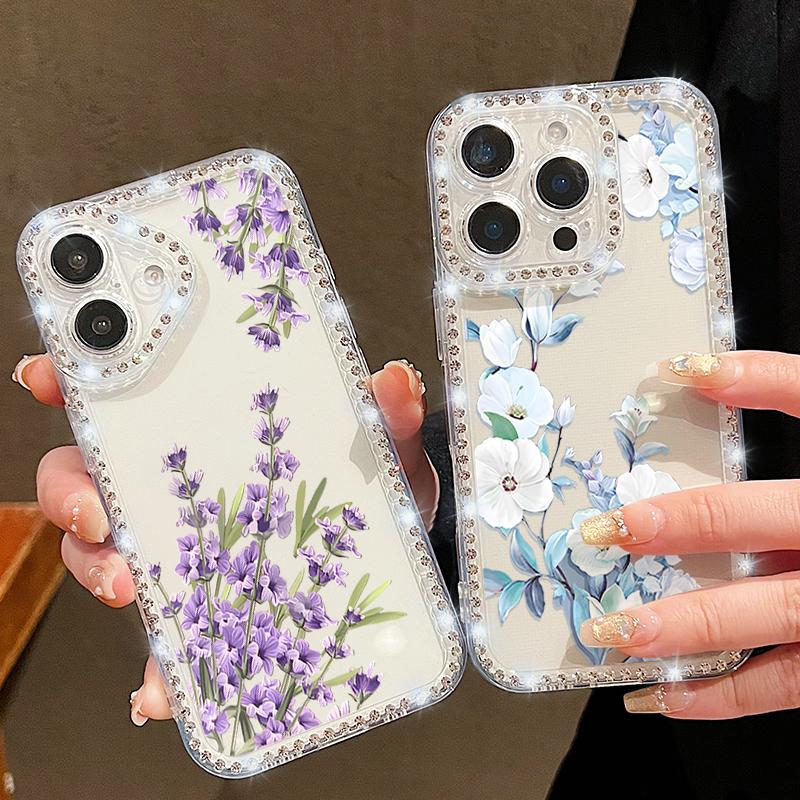 Floral Pattern Clear Shockproof Phone Case For iPhone 16E 16 Pro Max 15 Pro 14 13 12 11 Diamond Frame Anti-Fall Soft Silicone Bumper Cover