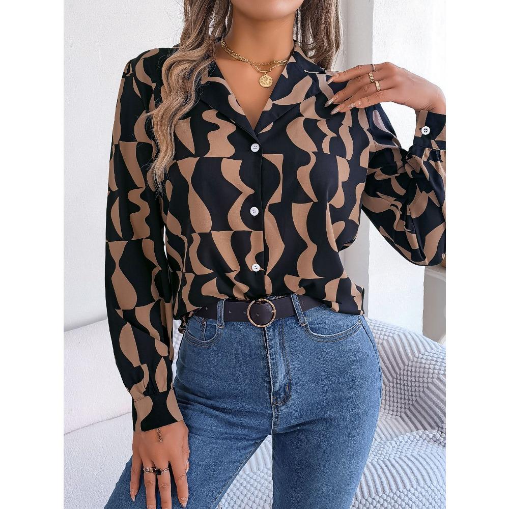 Spring and Summer Commuting Temperament Contrasting Striped Suit Collar Long-sleeved Shirt