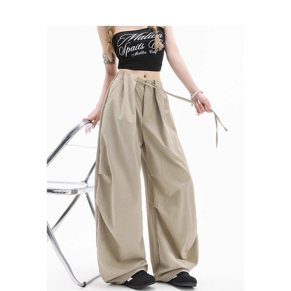 

Khaki Wide Leg Pants with Pleated Detail, High Waist Loose Fit Trousers S хаки