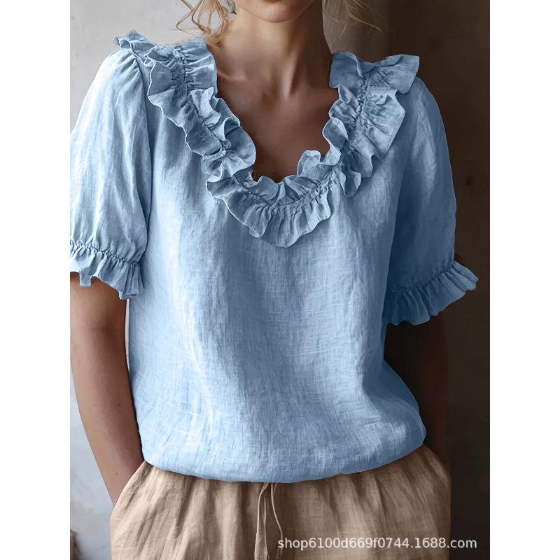 

Женская летняя однотонная рубашка с коротким рукавом, винтажная блузка-пуловер S небесно-голубой