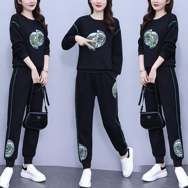 

Большой размер Модный новый китайский стиль Национальный стиль Костюм Женский Осенний Повседневный Вышивка Пуговица-диск Свитер Костюм-двойка XXXXL зелёный