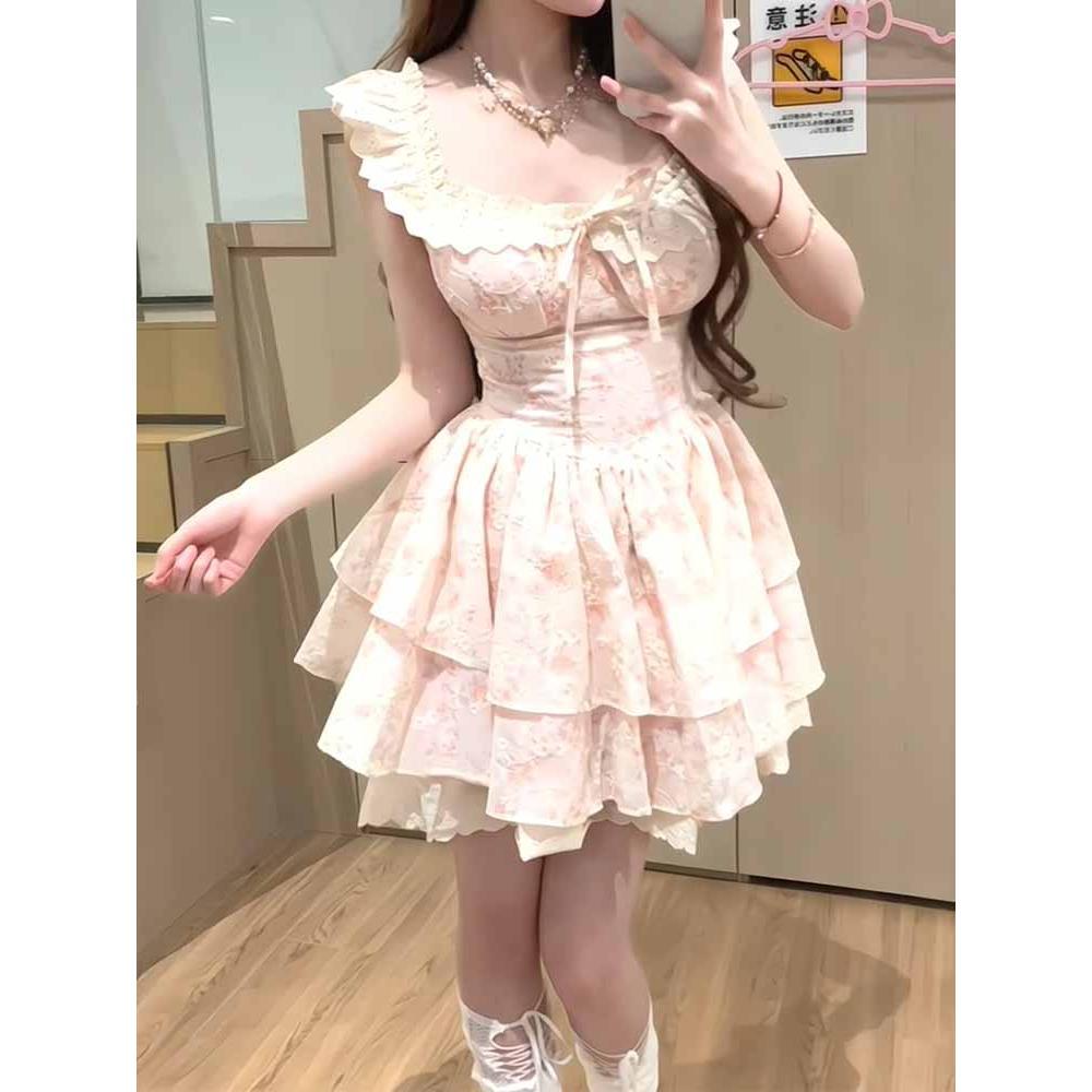 South Korea Dongdaemun summer sweet waist thin new small flying sleeves lady sweet French floral dress women